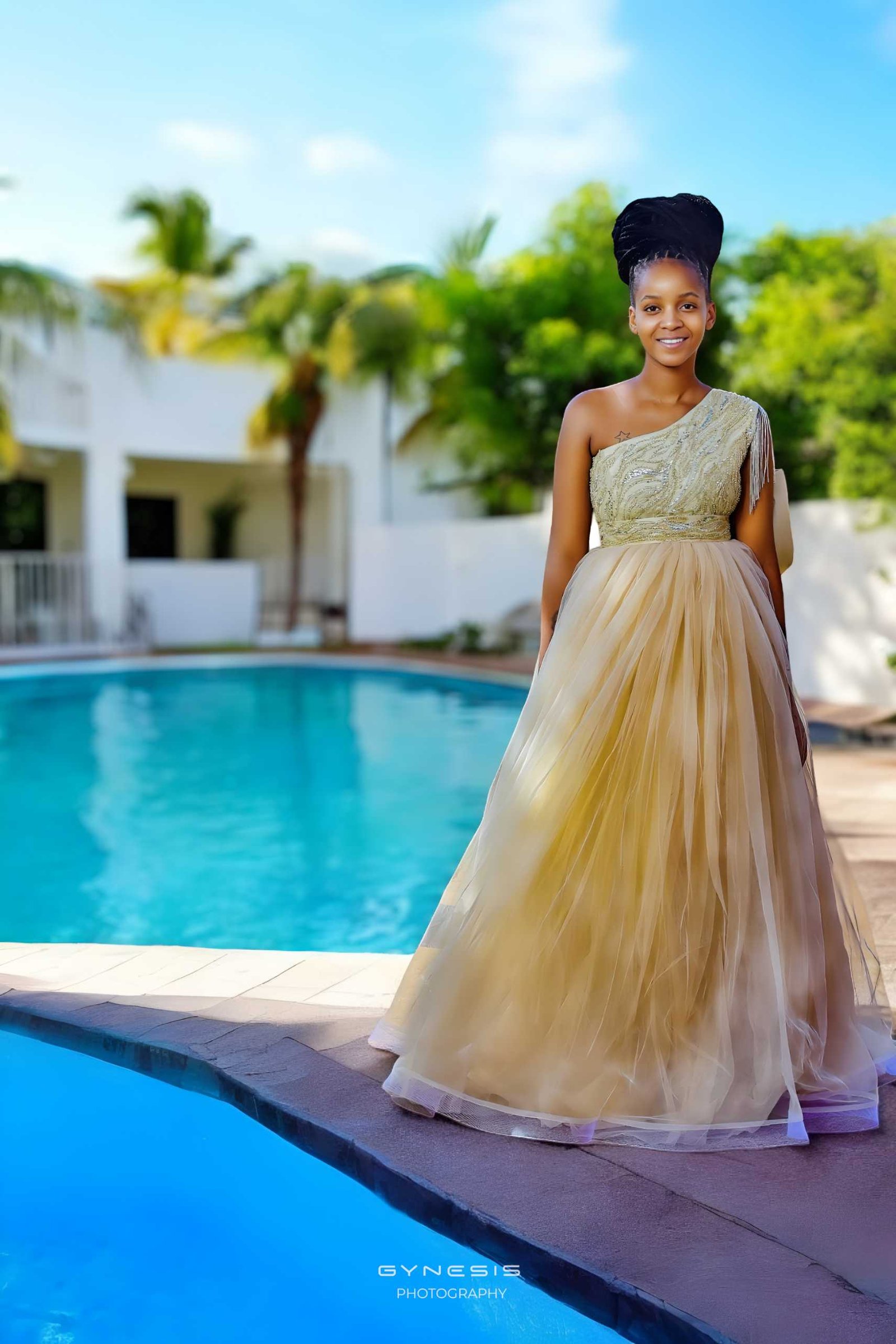 Lifestyle, matric dance photoshoot in Pretoria, Pretoria North, Pretoria West, Gauteng, South Africa featuring a model in a stunning gold dress by a swimming pool.