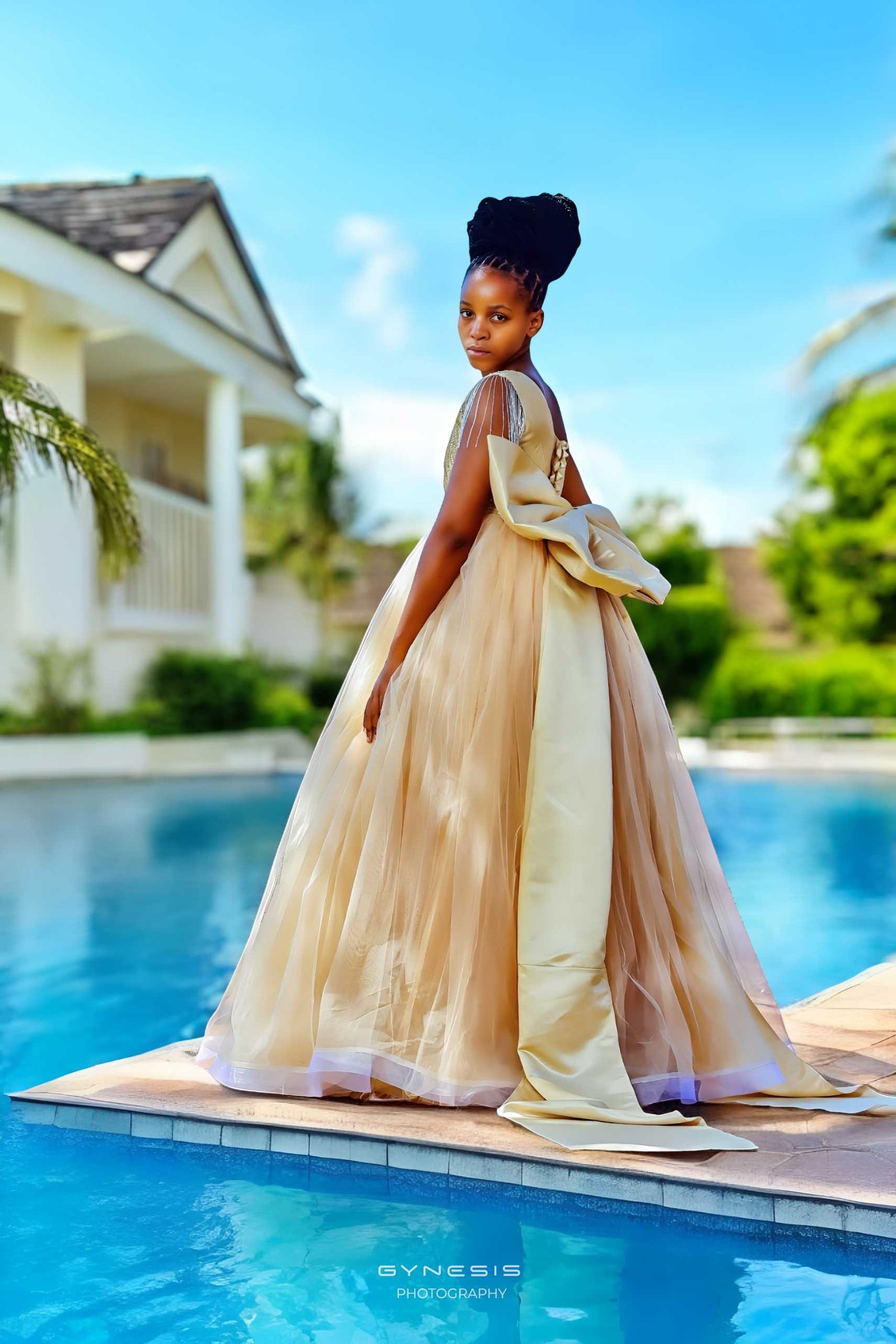 Matric dance photoshoot in Pretoria, Pretoria North, Pretoria West, Gauteng, South Africa featuring a model in an elegant gown standing by a pool.