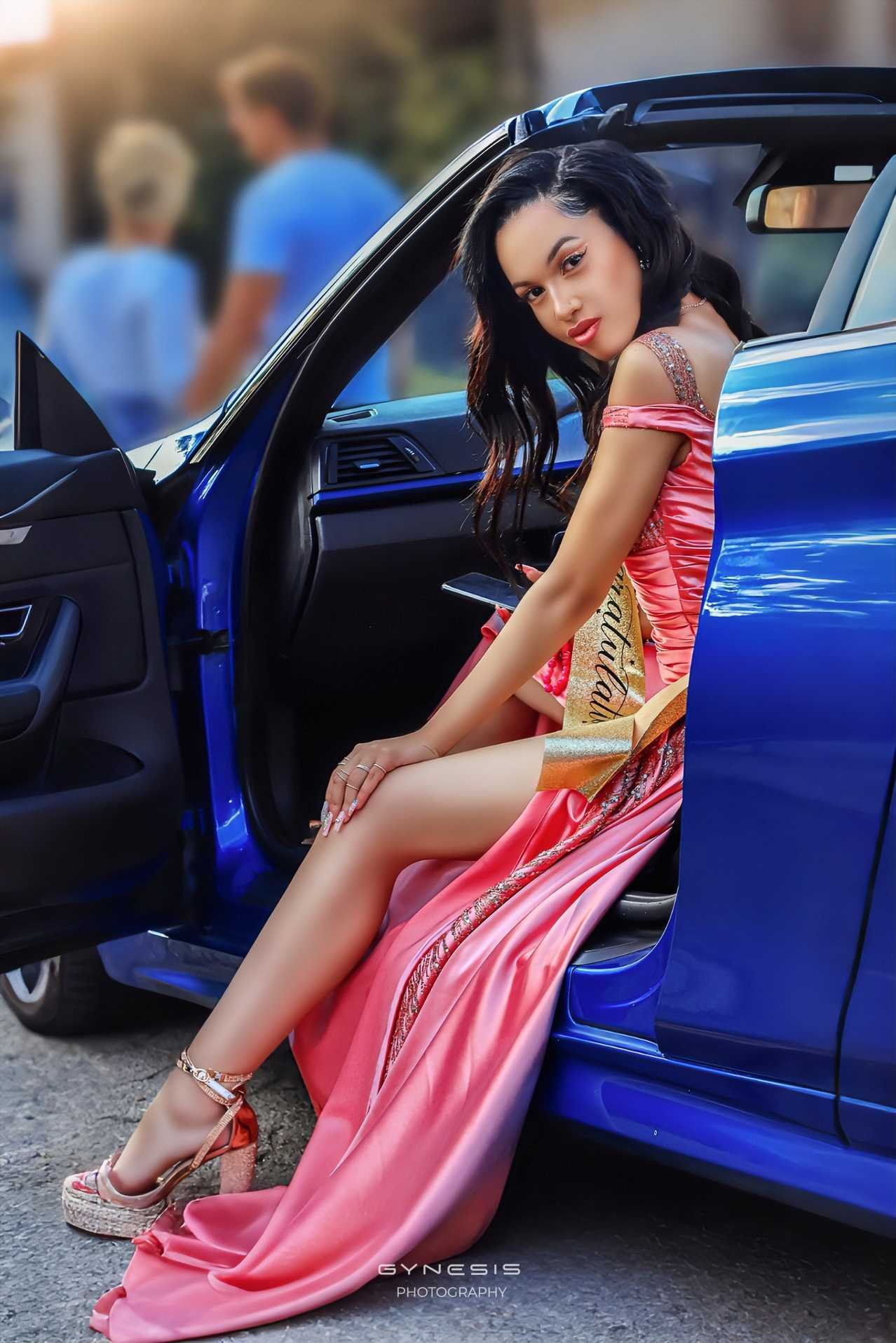 Matric dance photoshoot in Pretoria, Pretoria North, Pretoria West, Gauteng, South Africa featuring a model in a pink gown seated in a luxury bmw car.